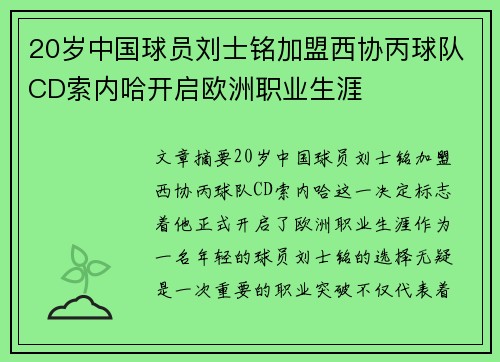 20岁中国球员刘士铭加盟西协丙球队CD索内哈开启欧洲职业生涯