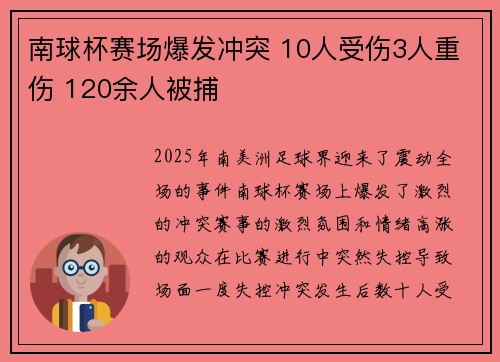南球杯赛场爆发冲突 10人受伤3人重伤 120余人被捕