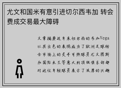 尤文和国米有意引进切尔西韦加 转会费成交易最大障碍