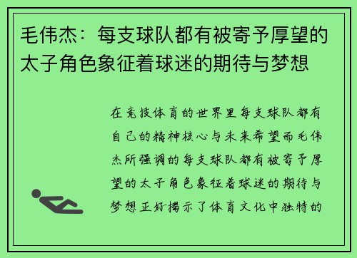 毛伟杰：每支球队都有被寄予厚望的太子角色象征着球迷的期待与梦想